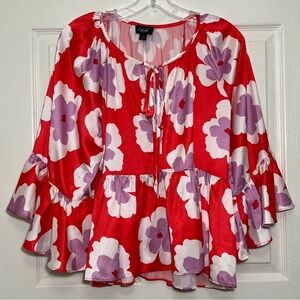 GiGio Vibrant Red Bell Sleeve Floral Blouse | size Small